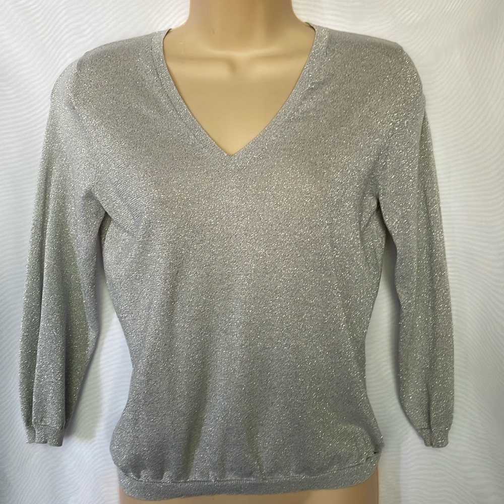 Knit Metallic Silver Mainbocher V-Neck Sweater
